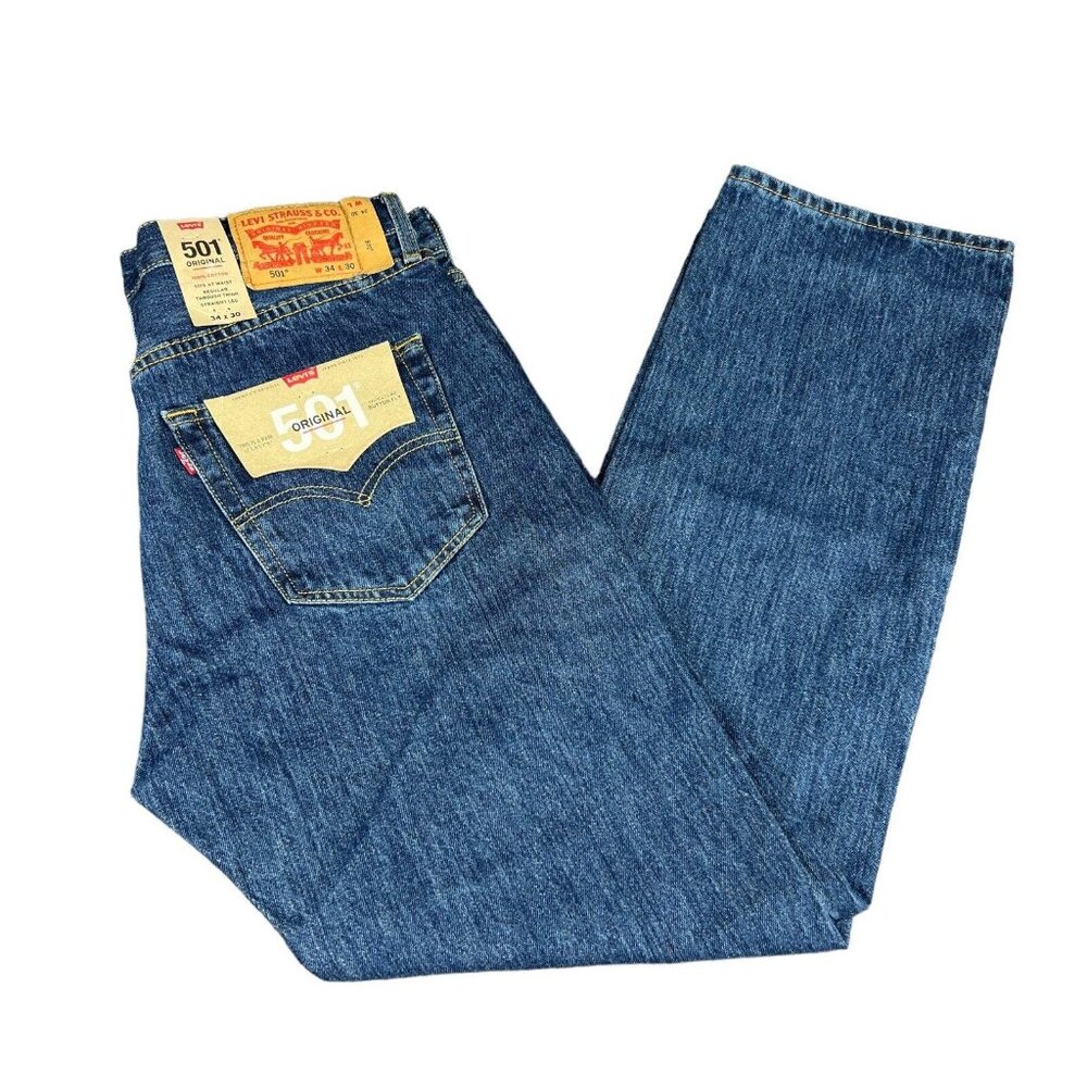 Levi's 501 Original Button Fly Navy Blue Denim Jeans Men's Size 34x30 - 38x32
